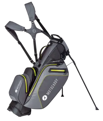 Waterdichte golftas limoengroen met standaard van Motocaddy